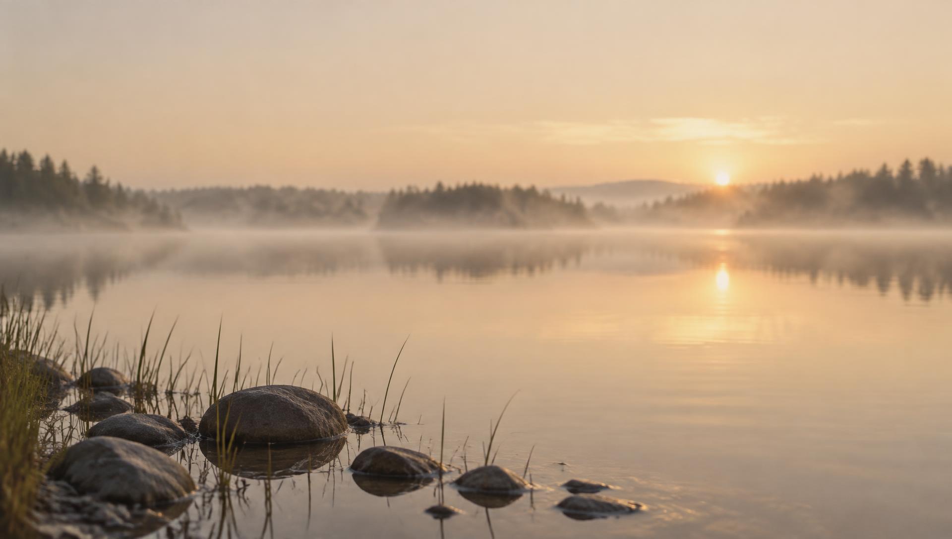 Still water at dawn on the Rideau River, with mist over the far treeline