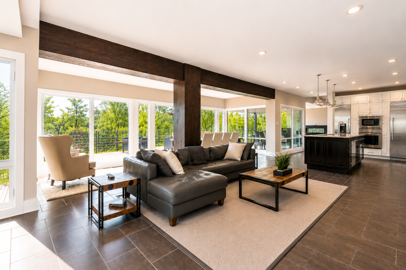 Open living area with sectional seating and kitchen island