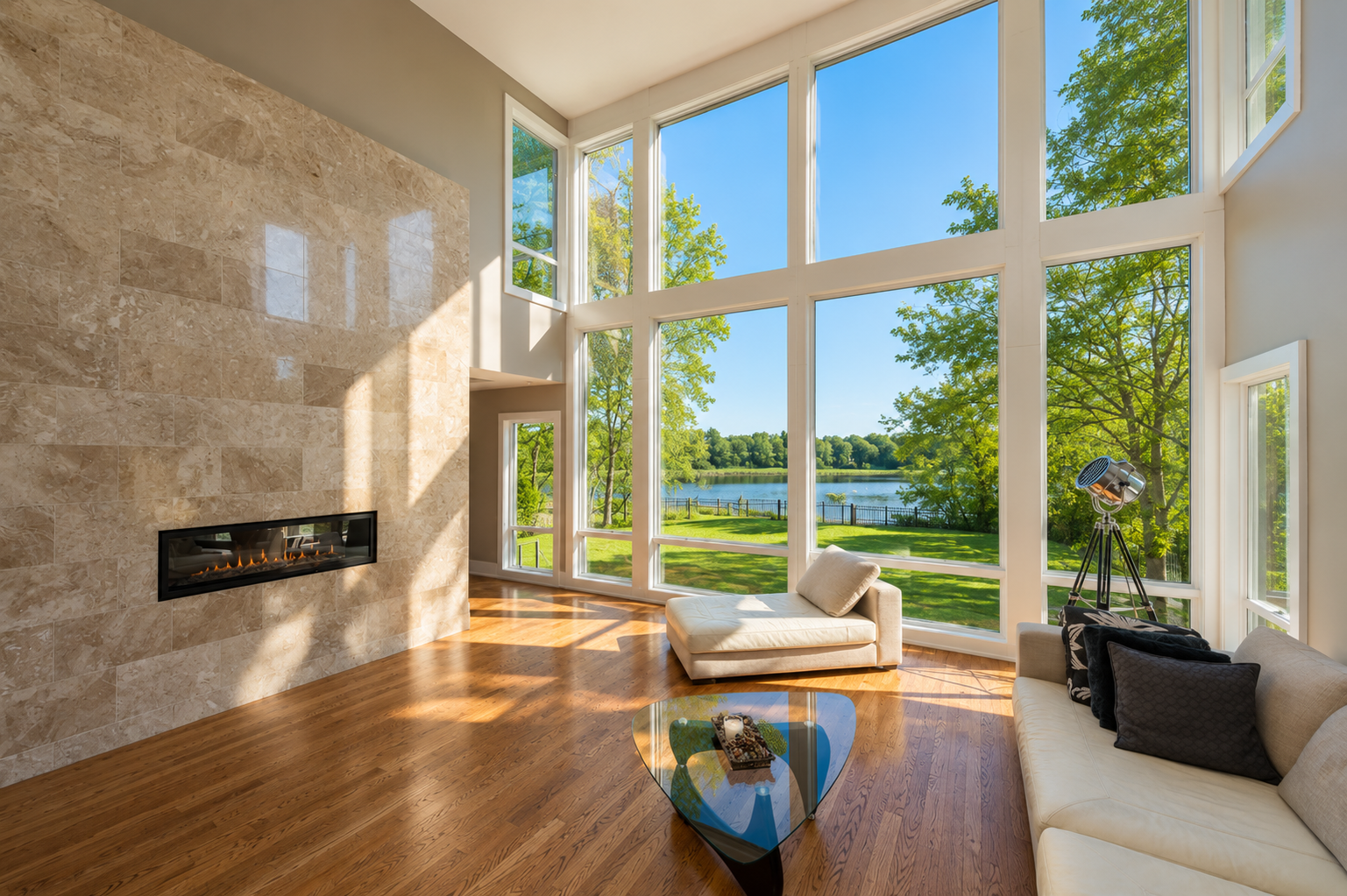 Great room with stone fireplace and two-storey windows over the river