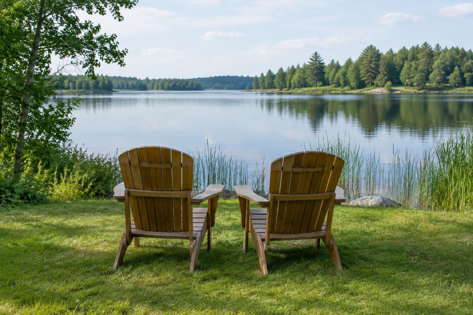 Two empty chairs beside calm lake water